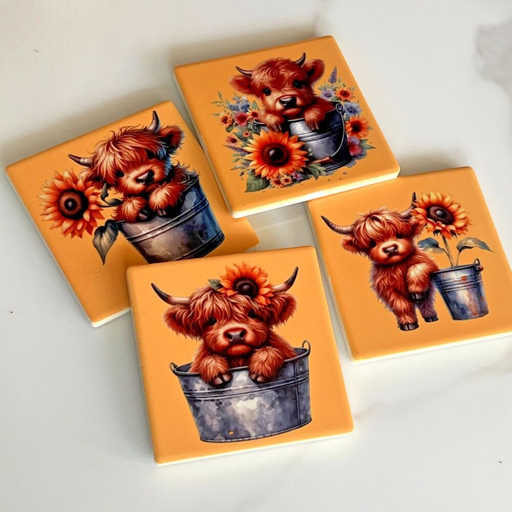 Highland Cow Ceramic Coasters Sunflower Farmhouse Cottagecore Set of 4